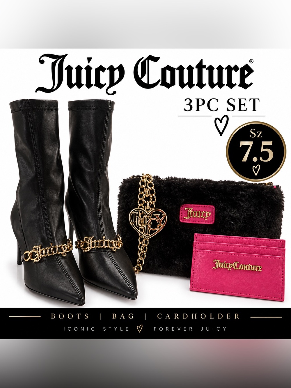 JUICY COUTURE 3PC SET BLACK FAUX LEATHER & GOLD CUBAN LINK BOOTS SZ 7.5